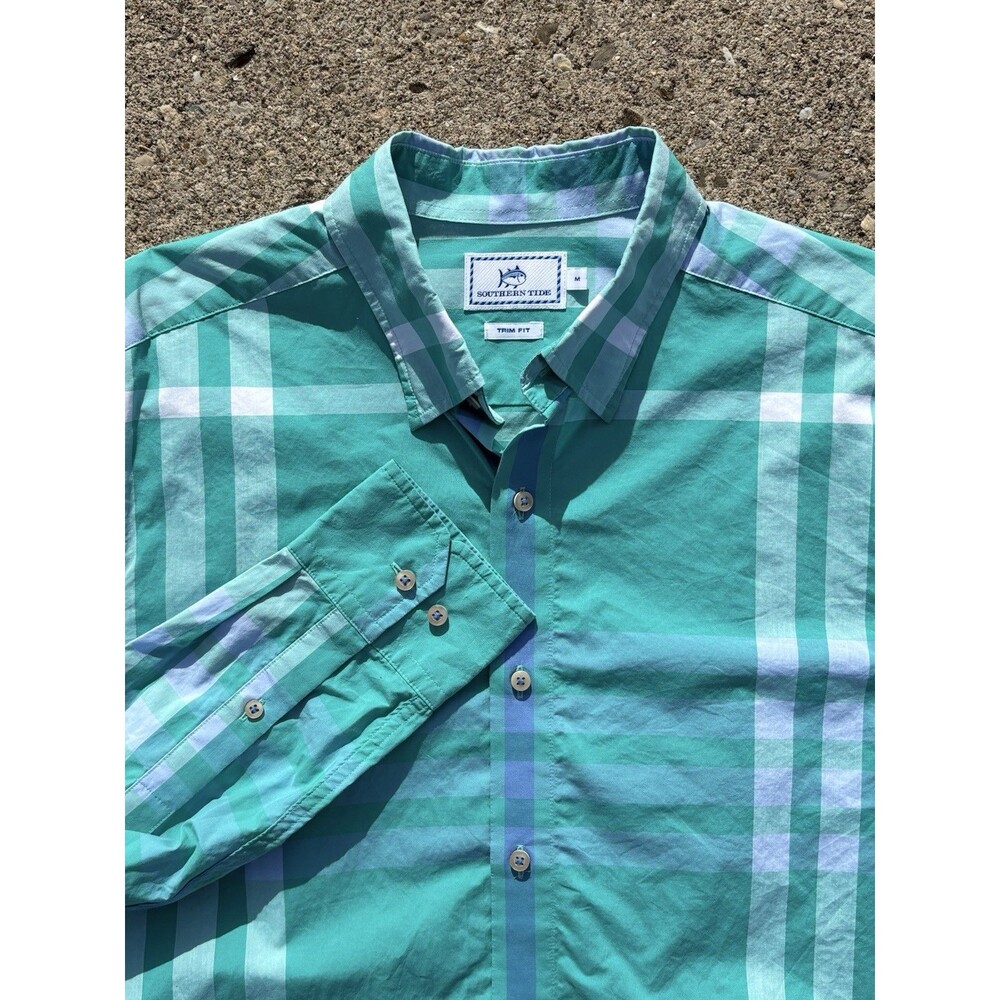 Southern Tide Skipjack Shirt Men's Sz Med Aqua Blue Plaid Coastal Beach Resort